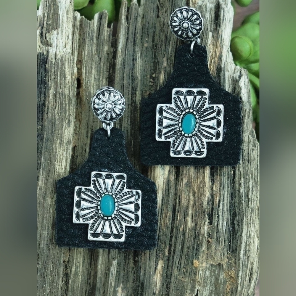 CROSS Cow Tag Earrings, Boho Earrings, Western Earrings
